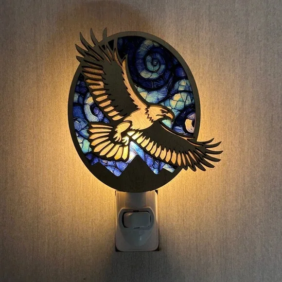 Bald Eagle Wood Nightlight Blue Stained Glass Style Rustic Lodge Decor Handmade - Picture 2 of 7